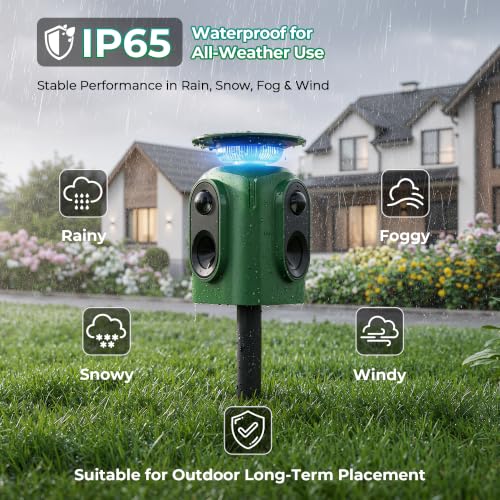 Solar Animal Repeller Outdoor, Squirrel Repellent & Cat Repellent Outdoor, Deer Repellent Devices, Coyote Deterrent Raccoon Repellent, Motion Activated Cat Deterrent 5 Modes IP65 Waterproof