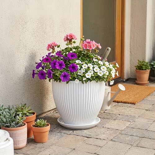 10 Inch Planter, Ceramic Plant Pots with Saucer, White - color: White, size: 10 Inch