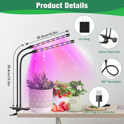 Garpsen Plant Light, 2 Heads Grow Lights for Seed Starting with Clip, 2Pack - size: (2 Pack)2 Arms