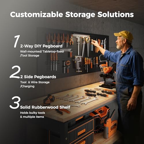 CAMMOO 60" Work Bench with Storage & Pegboard, 2000LBS Max Load, Storage Shelf & Power Strip