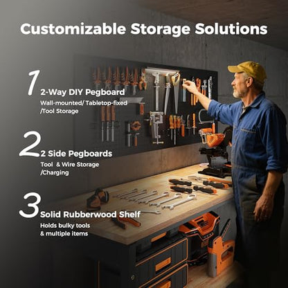 CAMMOO 60" Work Bench with Storage & Pegboard, 2000LBS Max Load, Storage Shelf & Power Strip