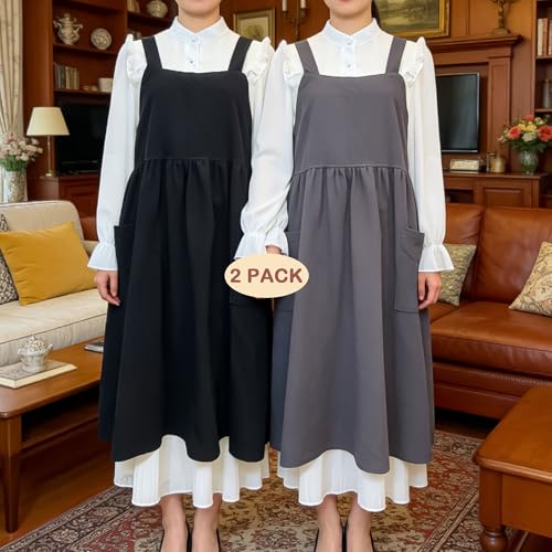 Cotton Linen Apron Cross Back Apron for Women with Pockets Pinafore Dress - color: 2 Pack-black+gray