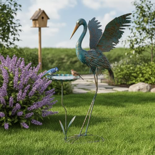 Large Heron Outdoor Statues with Leaf Tray - color: Blue & Gold-heron