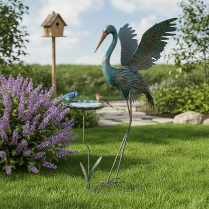 Large Heron Outdoor Statues with Leaf Tray - color: Blue & Gold-heron
