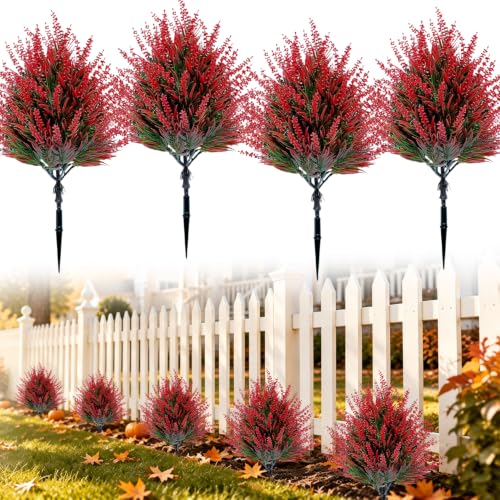 THKFUL 4 Pack Fall Artificial Topiary Shrubs with Spikes, UV Resistant Faux Red Plants, Fake Mums Bushes for Front Porch Planter, Outdoor Autumn Garden Decor - color: Red