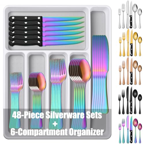 49-Pieces Colorful Rainbow Stainless Steel Silverware Sets With Organizer And Steak Knives,Knife Spoon And Fork Eating Utensils Sets For Ktichen,Multicolor Flatware Sets With Cutlery Tray - color: Rainbow