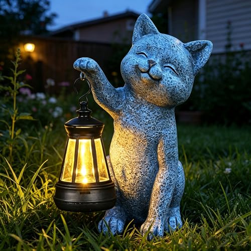 Cat Garden Statue Decorations Outdoor,Solar Resin Figurine with Hanging Lantern Outdoor Decor(cat2) - style: cat2