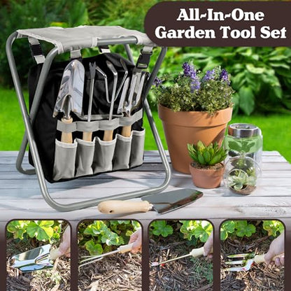 Pure Garden Folding Stool with 250lb Capacity and Garden Tools Set, Gray - color: Tan/Green