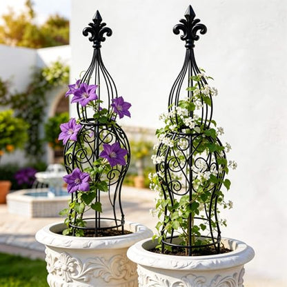 2-Pack Iron Garden Obelisk Trellis, 30" Rose Climbing Plant Support - color: Classic Fleur-de-Lis Obelisk Trellis