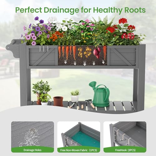 HIPS All-Weather Raised Garden Bed with Legs,47.2"L x 17.3"W x 29.7"H - color: Gray, size: 47.2"L-With Wheels
