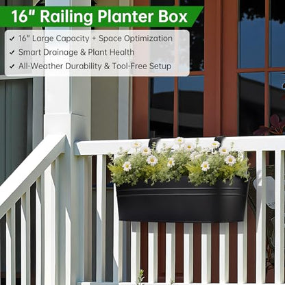 Railing Planter Box, 16" Large Hanging Planters for Outdoor Plants, 3 Pack