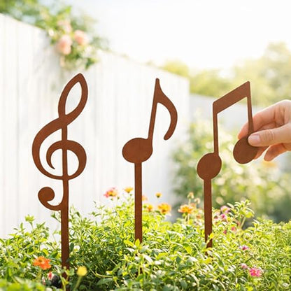 Metal Garden Decor Music Note Plant Stake Set for Flower Pots, Steel