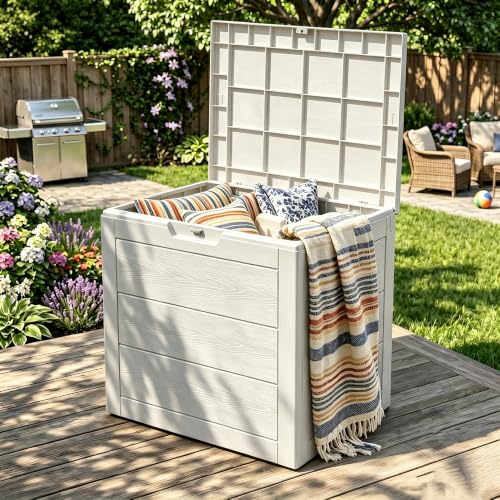 35 Gallon Deck Box, Waterproof Outdoor Storage Box for Patio Storage - color: BEIGE, size: 35 Gallon