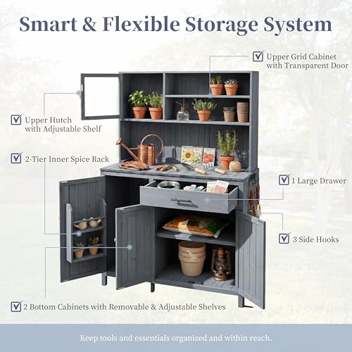 Potting Bench with Hutch, 65" H Solid Fir Wood Garden Workstation, Large Countertop, Patio Kitchen Island with Adjustable Shelves, Spice Rack, Side Hook and Drawer, Gray - size: Gray+1 Drawer