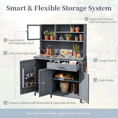 Potting Bench with Hutch, 65" H Solid Fir Wood Garden Workstation, Large Countertop, Patio Kitchen Island with Adjustable Shelves, Spice Rack, Side Hook and Drawer, Gray - size: Gray+1 Drawer
