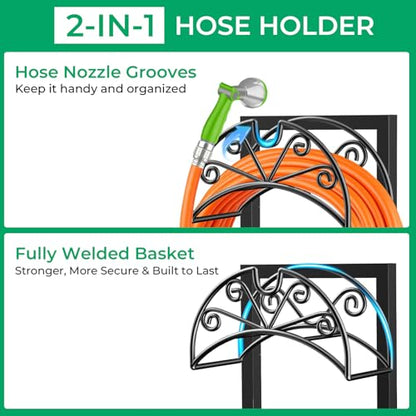 TomCare Garden Hose Holder, Heavy Duty Stand for 160FT Hose with 4 Spikes - color: Deep Black, size: 15.2″ W