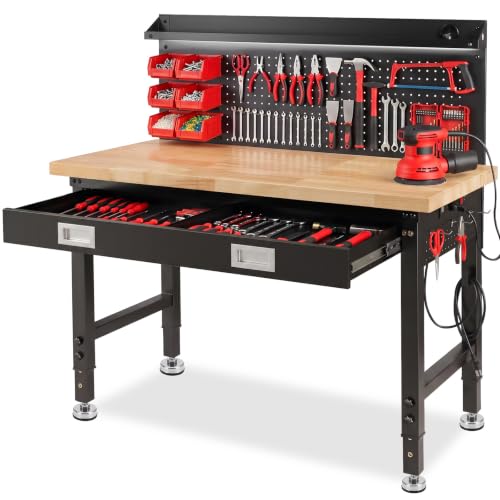 48" Workbench with Drawers, Work Benches for Garage with Strip Light, Adjustable Work Table with Large Pegboard, 2000 LBS Heavy Duty Table with Power Outlet Rubber Wood for Office, Workshop - size: 48"| Pegboard | Drawer | LED Strip