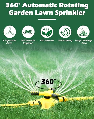 360 Degree Rotating Garden Sprinkler for Yard, Lawn and Large Area Coverage with 3 Adjustable Arms (Yellow)