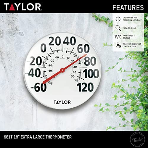 Taylor Extra Large Metal Wall Indoor Outdoor Thermometer, Easy to Read Numbers for Patio, Pool, and Indoor Areas, 18 inch, White