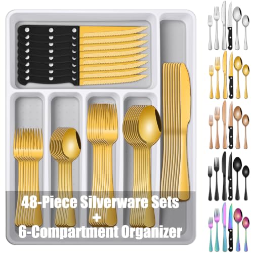Gold 49 Pieces Stainless Steel Flatware Sets With Organizer,Golden Silverware Sets With Steak Knives Service For 8,Durable Knife And Fork Spoon Sets For Home Kitchen - color: Gold