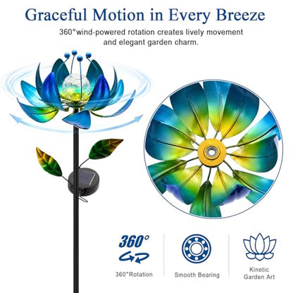 Solar Wind Spinners for Yard and Garden, Color-Changing Metal Lotus Flower - color: Blue