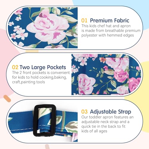 Kids Apron with Pockets, Polyester Floral for Cooking & Gardening, Adjustable Neck, Toddlers, 17.7x23.2 Inches - color: Blue