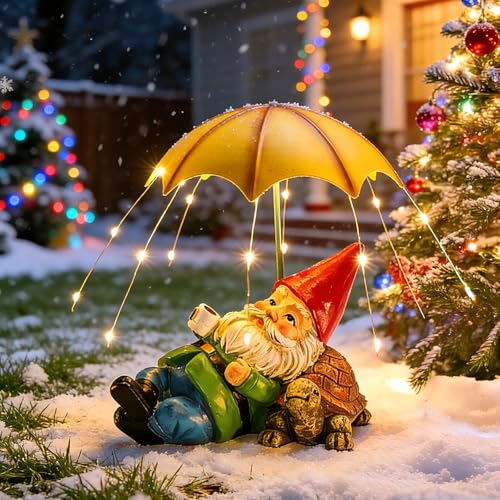 Brightown Solar Garden Decor Gnome Statue Light with 32 LED Lights, Gnome with Umbrella, Hand-Painted Resin, IP65 Waterproof Outdoor Decor for Patio, Balcony & Yard Decorations, Unique for Mom - color: White Gnome