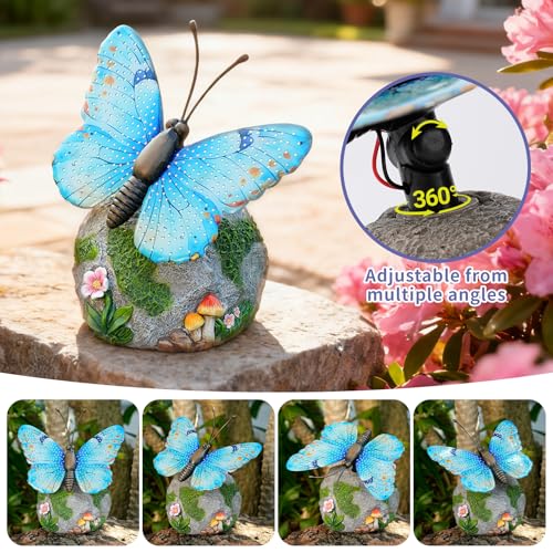 WSgift Solar Butterfly Garden Statue Weatherproof Outdoor Hand-Painted Decor Butterfly Resin Figurine Blue