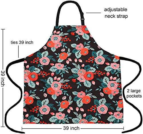 Plus Size Adjustable Bib Apron Water Resistant Canvas Extra Wide Long Ties Aprons with 2 Pockets Kitchen Cooking Gardening - color: Flowers