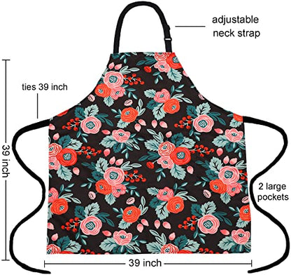 Plus Size Adjustable Bib Apron Water Resistant Canvas Extra Wide Long Ties Aprons with 2 Pockets Kitchen Cooking Gardening - color: Flowers