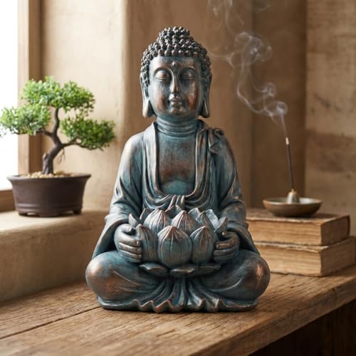 TERESA'S COLLECTIONS Meditating Buddha Solar Resin Garden Statue 7.1" - size: Medium