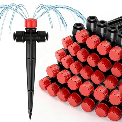 20 Pack Quick Connect Two-Way Drip Emitters with Stake for 1/4" Irrigation Tubing, Adjustable 360 Degree Water Flow Irrigation Sprayer On 5" Stake Garden Irrigation Dripper for Watering System - color: Double Head Push Stream-20P
