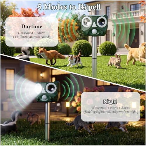 Upgraded Outdoor Ultrasonic Solar Animal Repellent with Flash Light,Sound