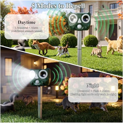 Upgraded Outdoor Ultrasonic Solar Animal Repellent with Flash Light,Sound