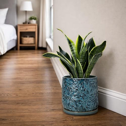 D'vine Dev Embossed Leaves Ceramic Planter, 8 in, Ocean Teal, 27-A-Q-8 - color: Ocean Teal, size: 8 Inch