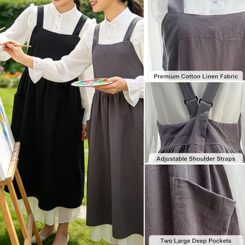 Cotton Linen Apron Cross Back Apron for Women with Pockets Pinafore Dress - color: 2 Pack-black+gray