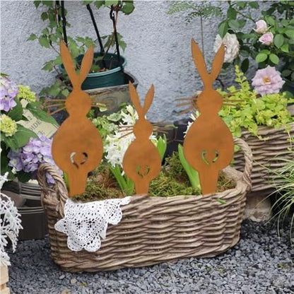 3-Pack Rustic Metal Rabbit Garden Stakes, Weathered Rust Finish with Heart Cutout, Suitable for Easter Accents