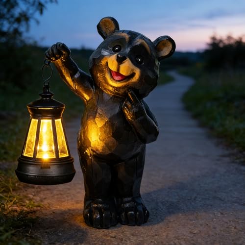 Solar Bear Garden Statue, Resin Figurine with Hanging Solar Lantern Outdoor Decor - style: bear 2
