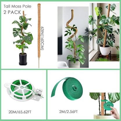 2 Pack 63" Bendable Moss Pole for Plants Monstera, Moss Poles for Climbing Plants Indoor, Coir Plant Pole Sticks Support Stakes for Potted Plant, Pothos, Philodendron Plants - size: 63"