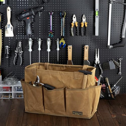 Durable 16OZ Waxed Canvas Tool Bag with Metal Frame, 15.5 Inch Large Collapsible Storage Tool Tote(Khaki | 15.5 X 7.5 X 10.5in) - color: Khaki, size: 15.5 Inch