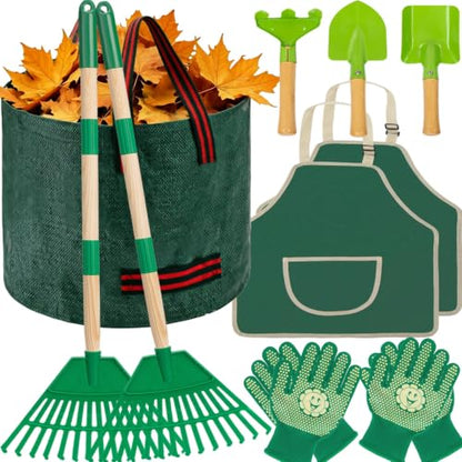 34" Kids Adjustable Leaf Rake Set 10 Pack with 3 Shovels & Leaf Bag - size: 10pcs