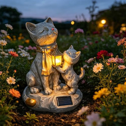 9.8" Solar Cat Resin Garden Statues Outdoor LED Light with Lantern