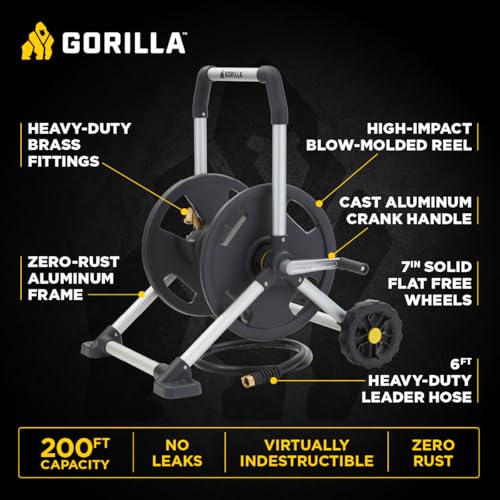 Gorilla GRS-200H Aluminum Garden Hose Reel, 200 Ft, No-Leak Brass Fittings - size: 200 FT