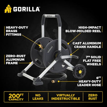 Gorilla GRS-200H Aluminum Garden Hose Reel, 200 Ft, No-Leak Brass Fittings - size: 200 FT