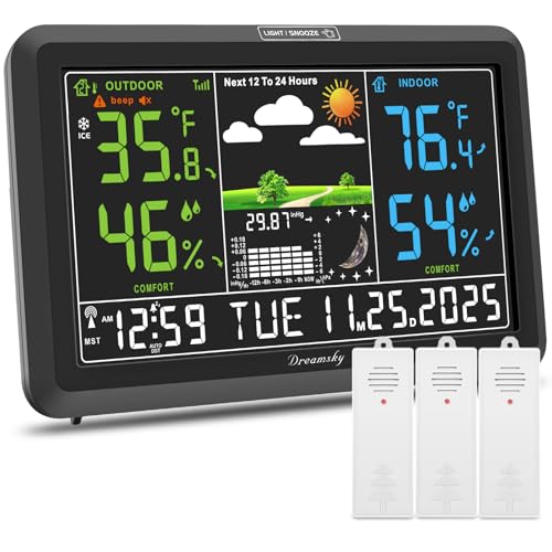 DreamSky Weather Station Indoor Outdoor Thermometer Wireless, Atomic Clock - color: Black with 3 sensor