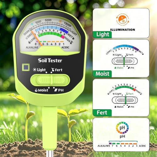 Soil Moisture Meter, 4-in-1 Soil PH Meter, Soil Tester for Moisture, Fertility, Sunlight Intensity with Removable Probe, Color-Coded Analog Dial Soil Testing Kit for Garden, Farm, Flower, Outdoor