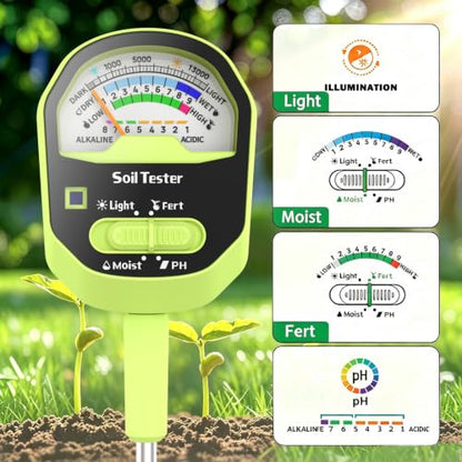 Soil Moisture Meter, 4-in-1 Soil PH Meter, Soil Tester for Moisture, Fertility, Sunlight Intensity with Removable Probe, Color-Coded Analog Dial Soil Testing Kit for Garden, Farm, Flower, Outdoor