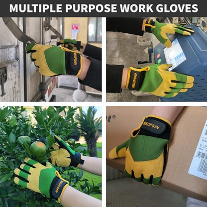 Cowhide Work Gloves, Mechanic Glove Men, Medium, Green+Yellow - color: Green+yellow, size: Medium
