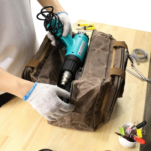 Kaaltisy 16oz Waxed Canvas Tool Bag – Robust Zipper Garden Tools Tote with 3 Compartments & Padded Handle (Grey) – Tool Organizer for Gardening Wire Cutters Goggles - color: Grey