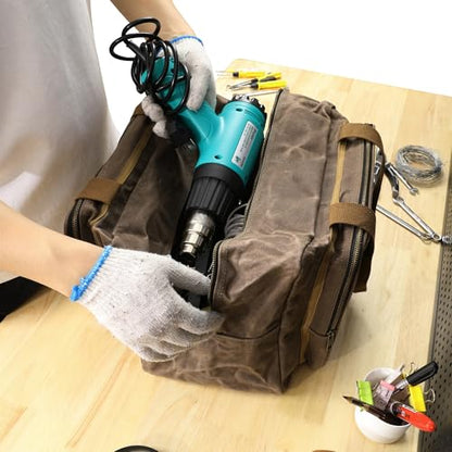 Kaaltisy 16oz Waxed Canvas Tool Bag – Robust Zipper Garden Tools Tote with 3 Compartments & Padded Handle (Grey) – Tool Organizer for Gardening Wire Cutters Goggles - color: Grey